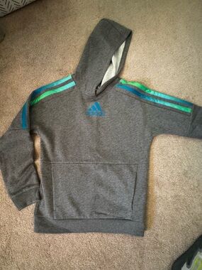 adidas Gray Hoodie with Teal and Green Shoulder Stripes